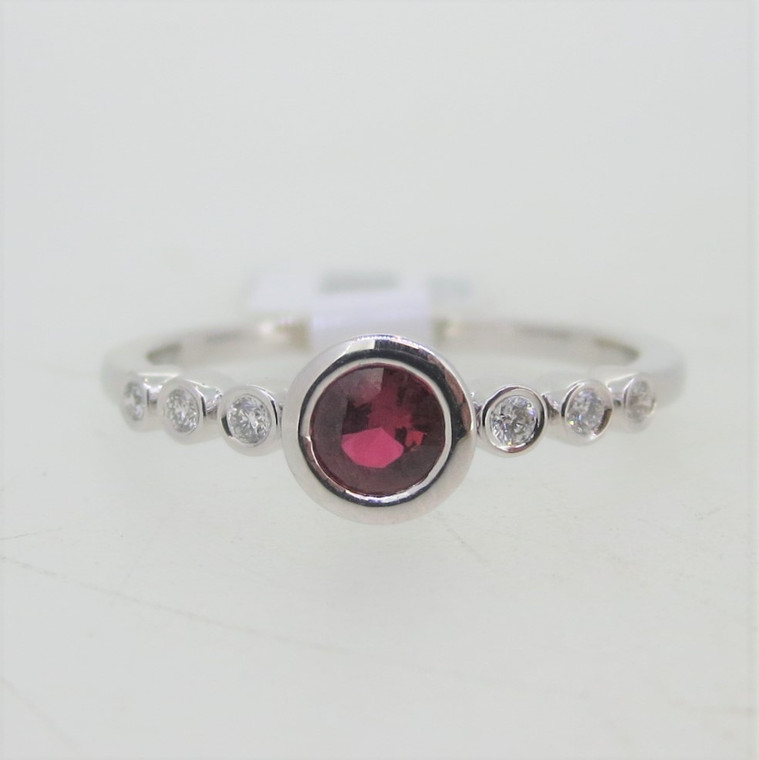 14k White Gold Bezel Set Ruby & Diamond Ring with Original Tag Size 6 1/4