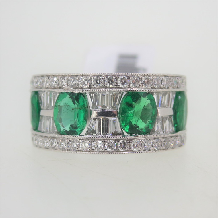 14k W Gold Emerald & Diamond Wide Band Statement Ring with Original Tag Size 6.5