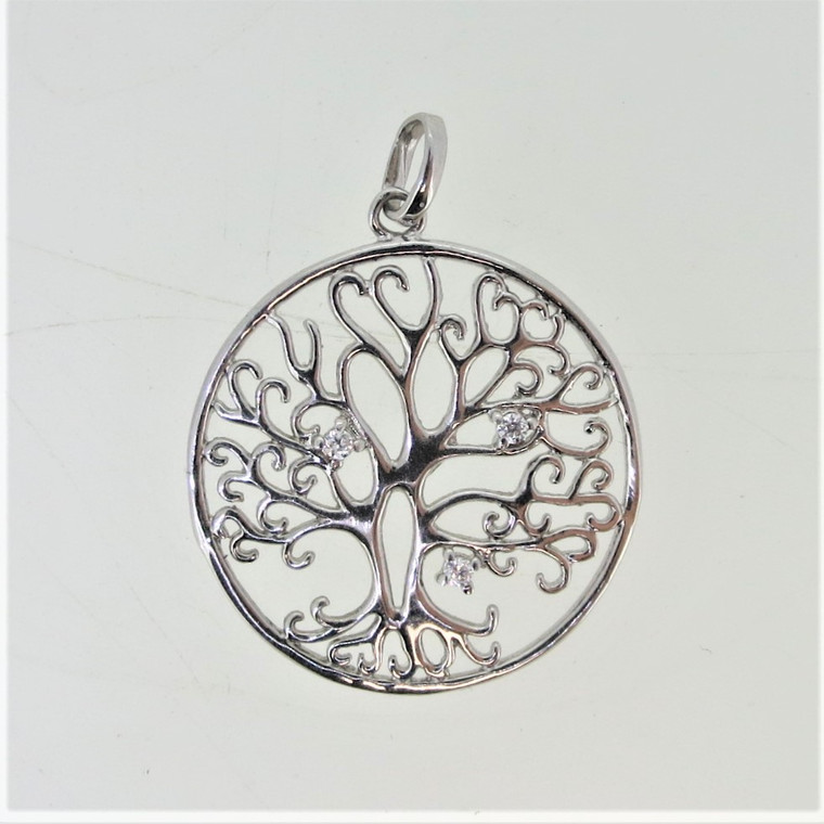 Silver Tone Tree of Life CZ Accents Pendant Signed ATI CN