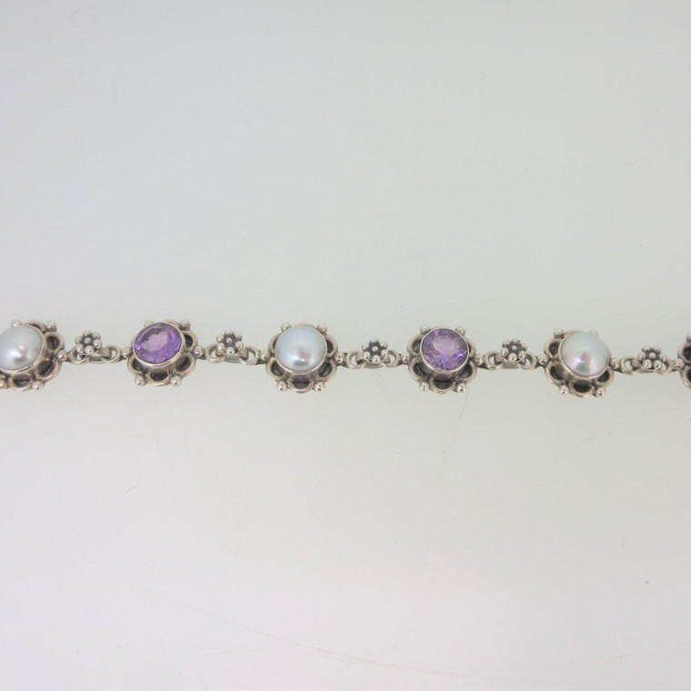 Sterling Silver Pearl and Amethyst Bracelet with Flowers Marked India