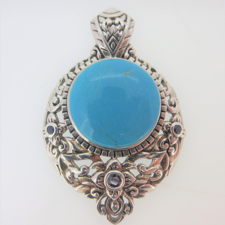 Sterling Silver Turquoise Pendent with Filigree Design and Blue Stones