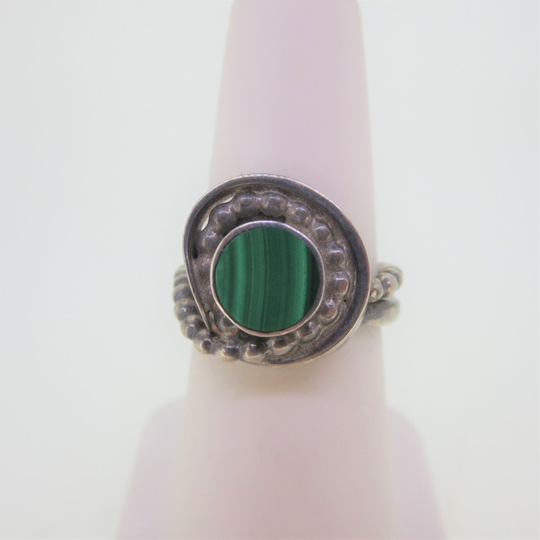 Sterling Silver Malachite Ring with Beaded Design Size 5 3/4