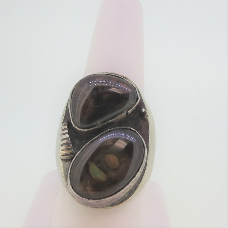 Sterling Silver Ring with Two Fire Agate Embezzled Stones Size 9