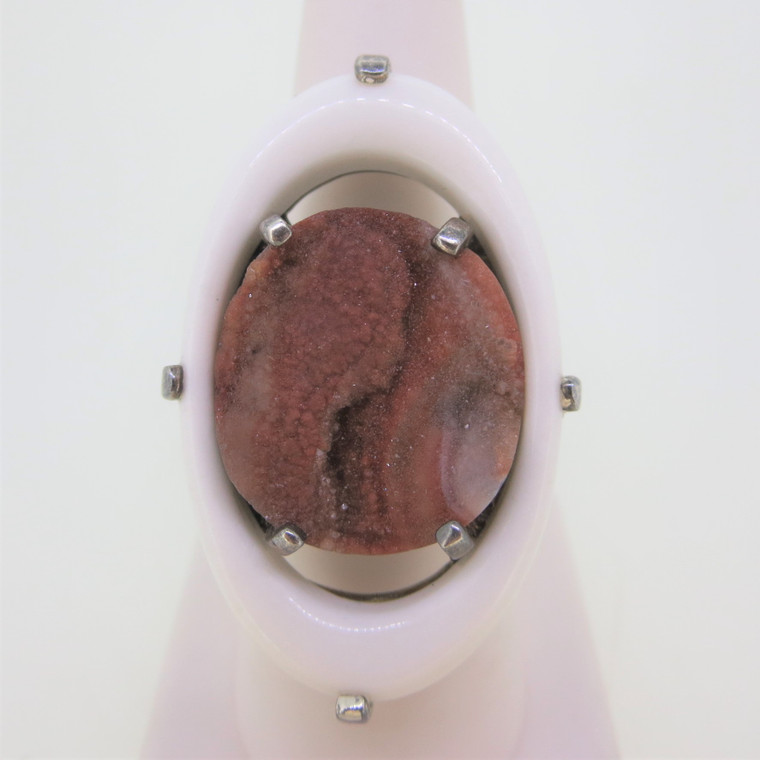Sterling Silver Red Brown Druzy Ring with White Plastic Rim Size 7 1/2