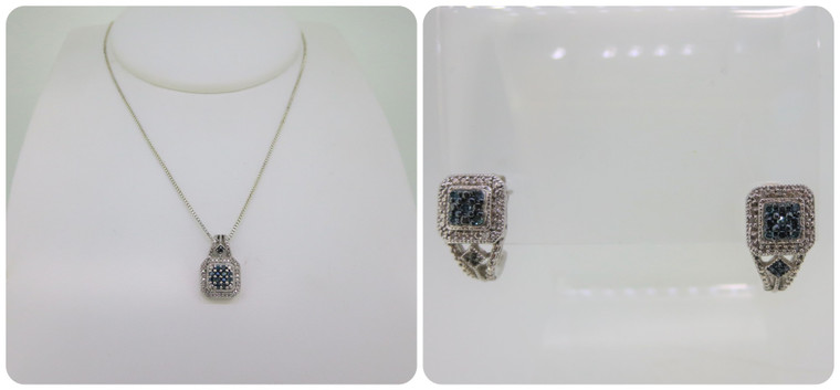 Sterling Silver Necklace and Earring Set with Blue Diamonds and Clear Diamonds in Square Shape