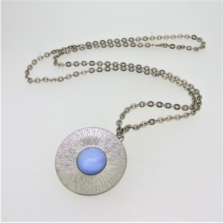 Jorgen Jensen Denmark Pewter Circular Etched Blue Stone Pendant Necklace 257