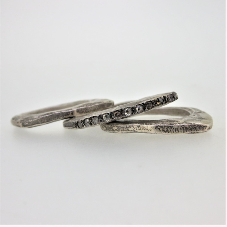 Sterling Artisan Hammered Band Rose Cut Diamonds Set of 3 Stackable Rings