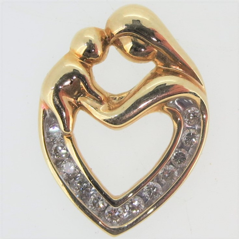 14K Gold Heart Shaped Mother and Child Shaped Pendant with Round Diamonds