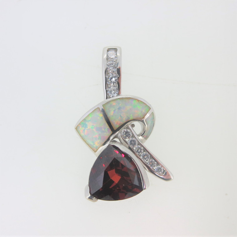 Sterling Silver Pendent with Red Stone, Clear CZ, and Opal Stones