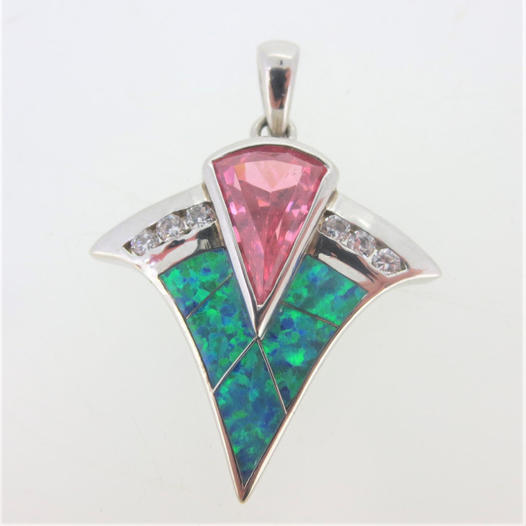 Sterling Silver Pendent in Triangle Shape with Pink Stone, Clear CZ, and Blue Opal