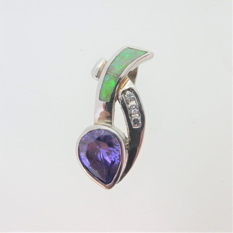 Sterling Silver Pendent with Purple Stone, Clear CZ, and Opal