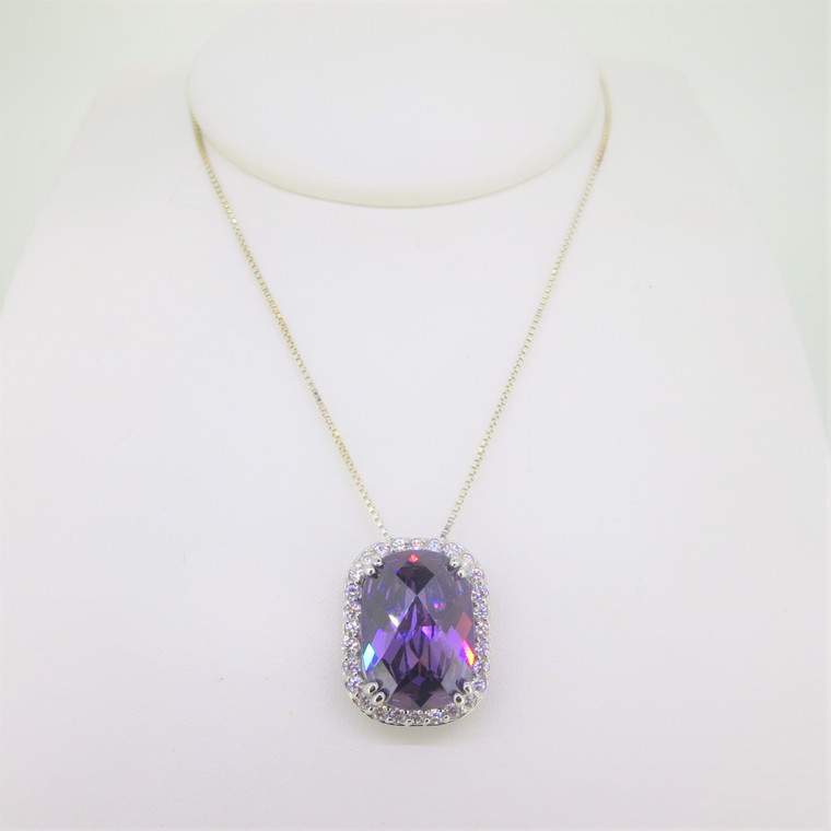 Sterling Silver Necklace with Purple Stone Pendent and Clear CZ