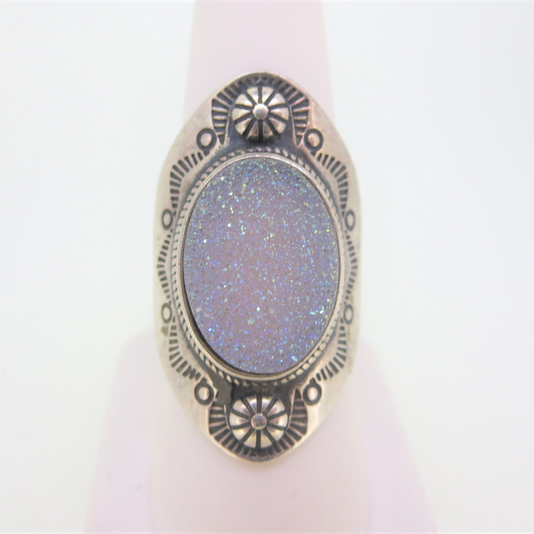 Sterling Silver Purple Druzy Ring with Stamped Designs Size 8