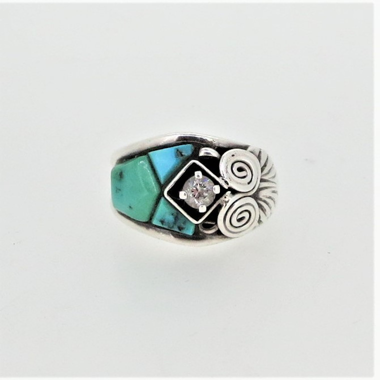 S Ray Sterling Silver Spiral Feather Side Detail Turquoise CZ Ring Size 8