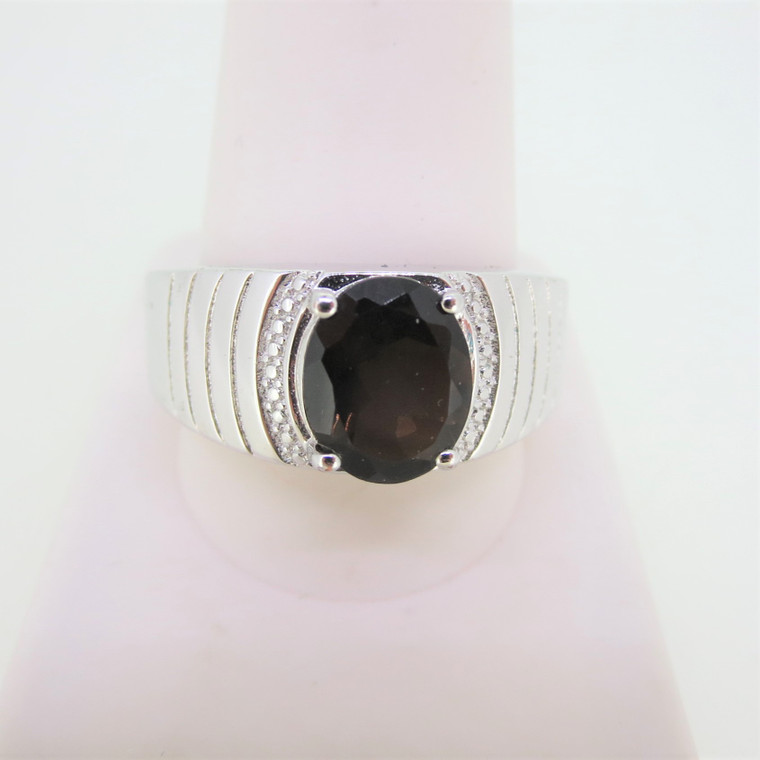 Sterling Silver Chuck Clemency Ring with Smokey Quartz Stone and Engraved Lines Size 12