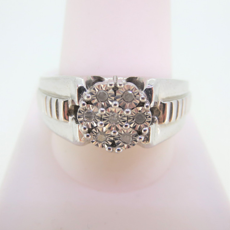 Sterling Silver Chuck Clemency Ring with Seven Diamonds in Flower Cluster Design Size 12