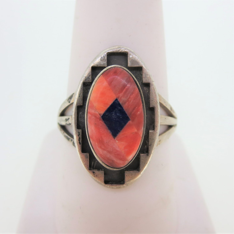Sterling Silver Teme Ring with Coral and Lapis Stone Size 9