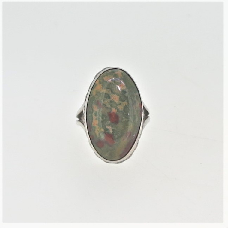 Sterling Silver Oval Cabochon Bloodstone Beaded Border Ring Size 4.5