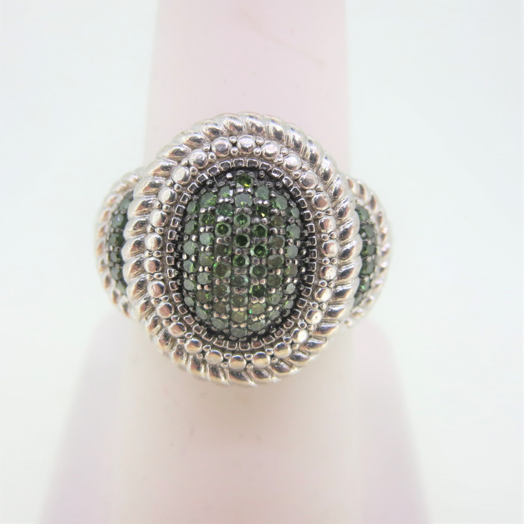 Sterling Silver Braided Design Green Diamonds Ring Signed JS Size 7