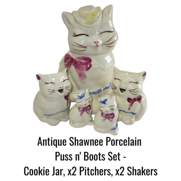 Antique Shawnee Porcelain Puss n' Boots Cookie Jar, Shakers, Pitchers Lot of 5
