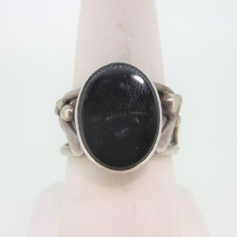 Sterling Silver Round Flat Black Onyx Ring Size 7 1/4