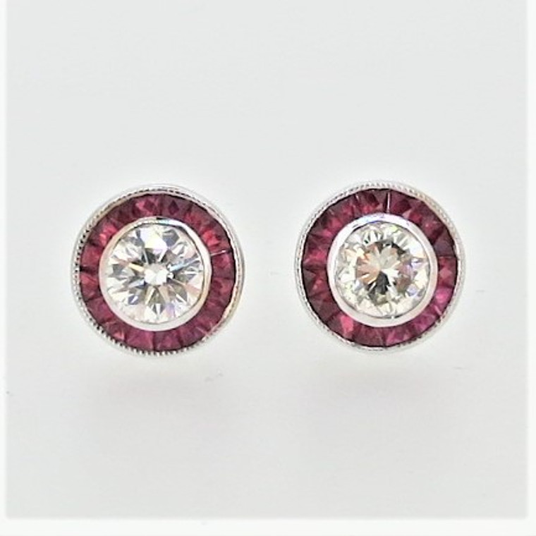 Aristocrat 18K White Gold 1.13cttw Round Diamond Ruby Halo Vintage Inspired Stud Earrings