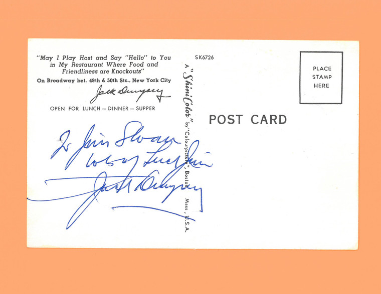 Hall of Fame Heavyweight Boxer Jack Dempsey Autographed Vintage Postcard (5003590 EH)