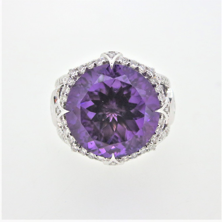 Chromia Collection 18K W Gold Portuguese Round Royal Victorian Amethyst Diamond Ring Sz 7