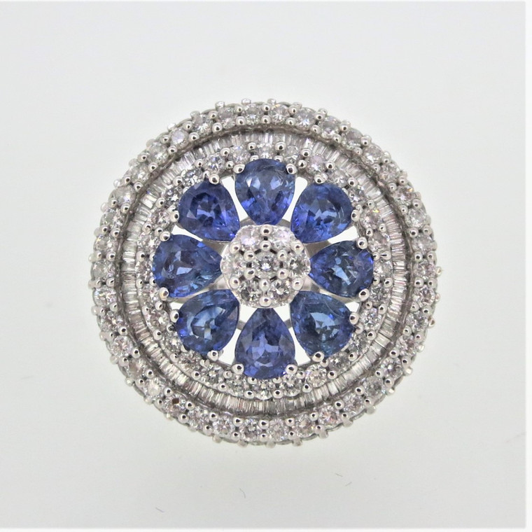 14K White Gold Sapphire Flower Diamond Pave Round Top Fashion Statement Ring Size 7.25