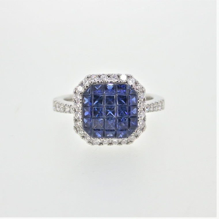 14K White Gold Invisible Set Sapphire Diamond Accented Halo Fashion Ring Sz 6