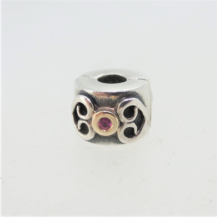 Sterling Silver 14K Pandora Double Heart Charm Clip with Pink Stone 790382