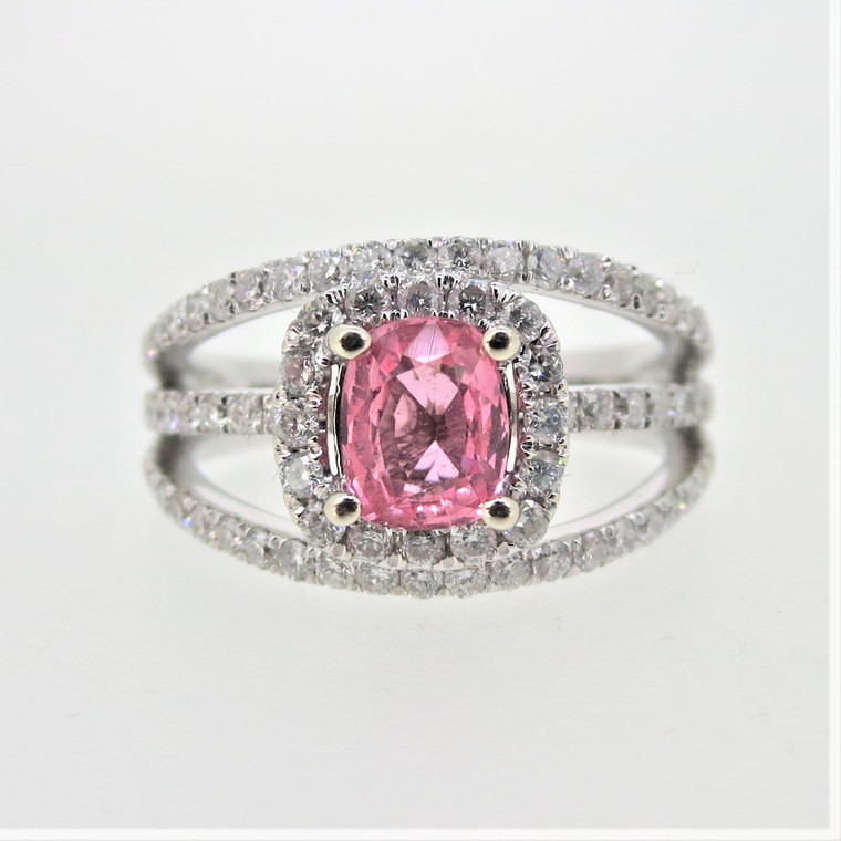 14K White Gold Pink Sapphire Diamond Halo Pave Three Row Band Fashion Ring Size 6.5