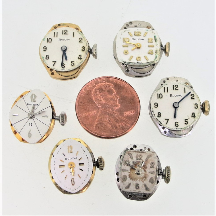 Vintage Bulova wristwatch movements for parts or repair. Lot of 6