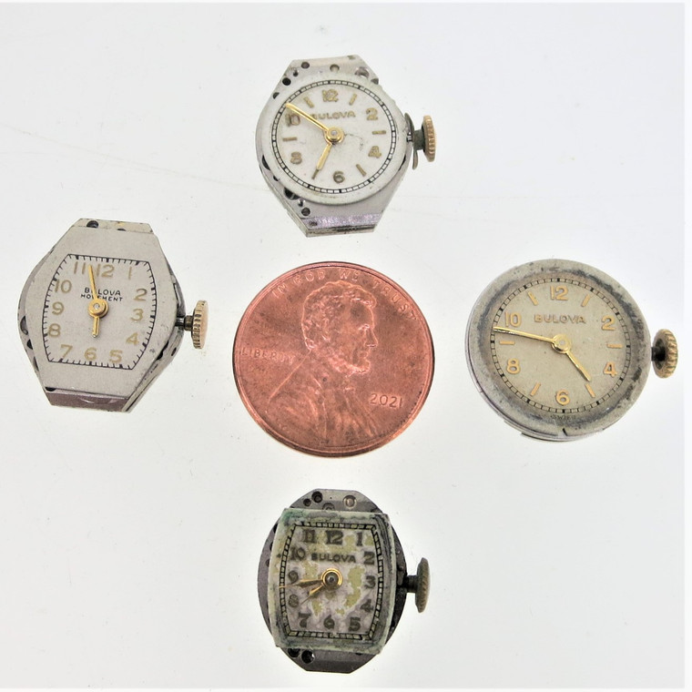 Vintage 1930's Bulova wristwatch movements for parts or repair. Lot of 4