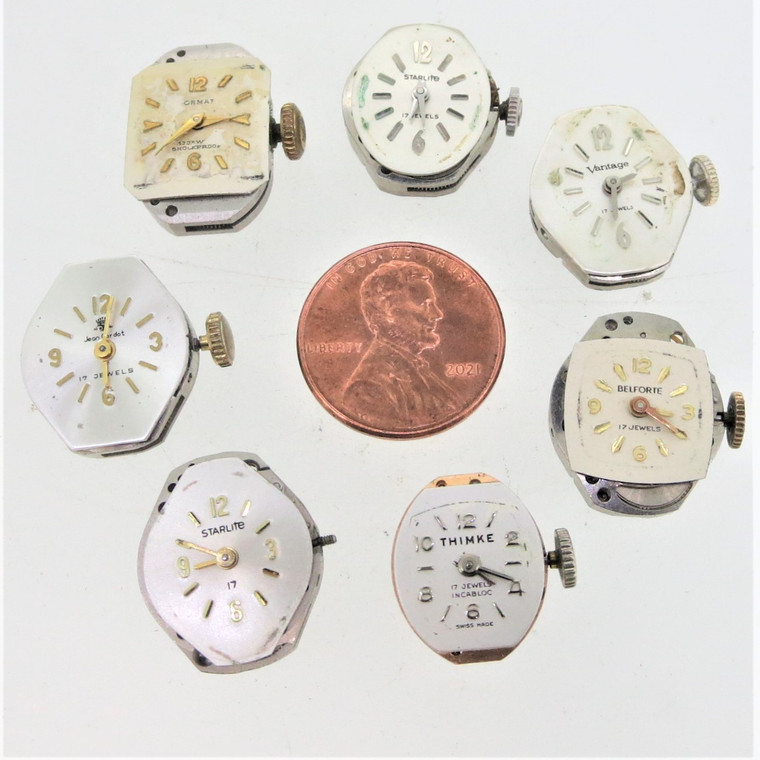 Vintage 17 jewel wristwatch movements for parts or repair. Lot of 7