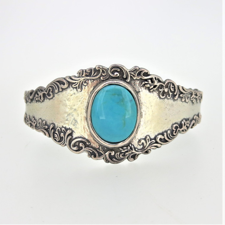 PZ Israel Sterling Silver Floral Edged Oval Cabochon Turquoise Cuff Bracelet