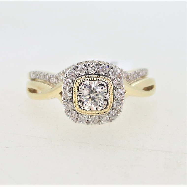 10K Yellow Gold Round Diamond Halo Twisted Band Engagement Wedding Set Ring Sz 9