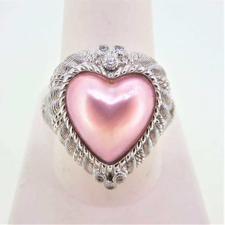 Judith Ripka Sterling Silver Cultured Heart Shaped Pink Marble Pearl Ring Size 11