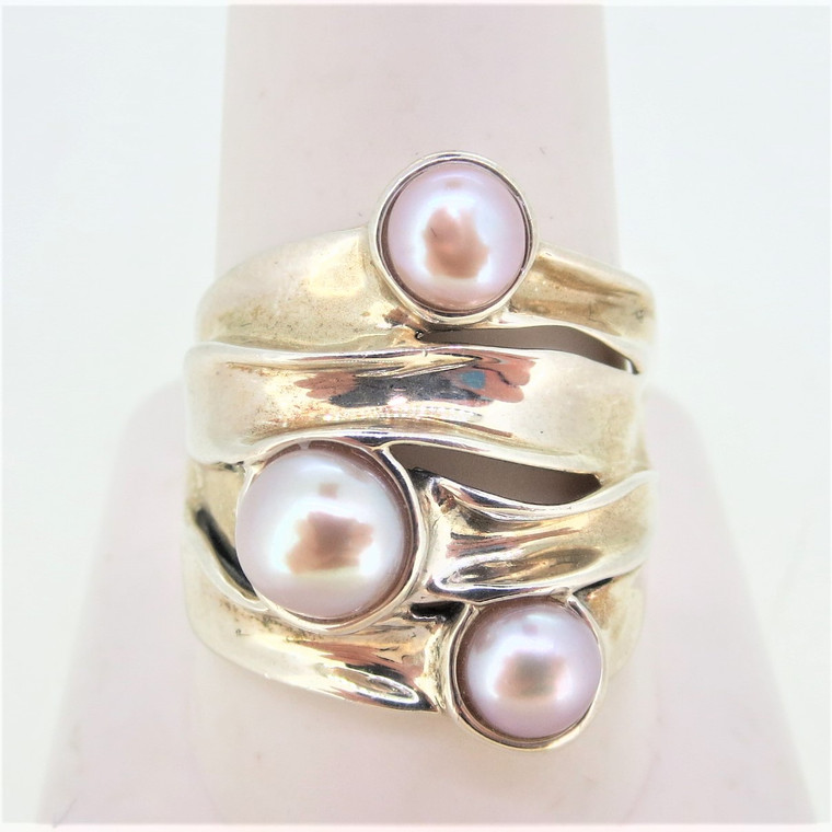 Hagit Gorail Sterling Silver Pink Pearls Ring Size 10