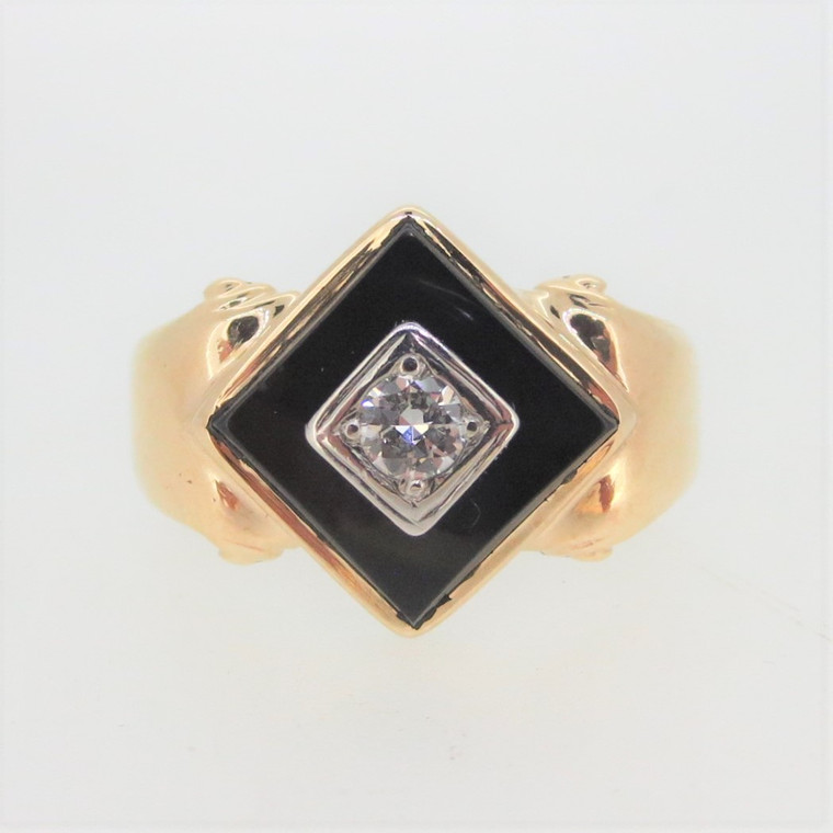 10k Yellow Gold Rhombus Black Onyx with Diamond Accent Men's Pinky Ring Size 9