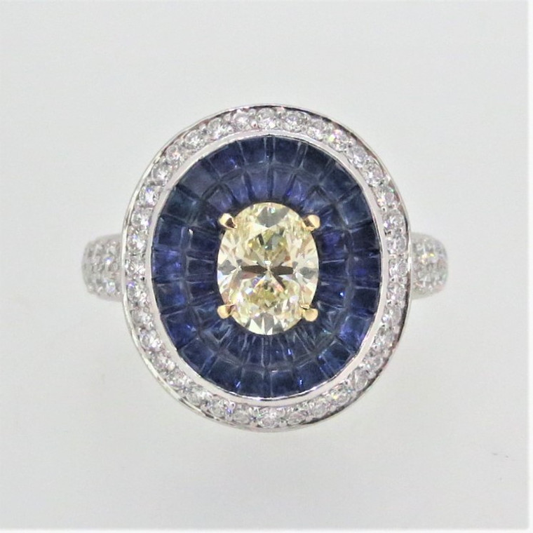 18K W Gold Plat 1ct Nat Yellow Oval Diamond Invisible Set Sapphires Diamond Halo Ring Sz 7