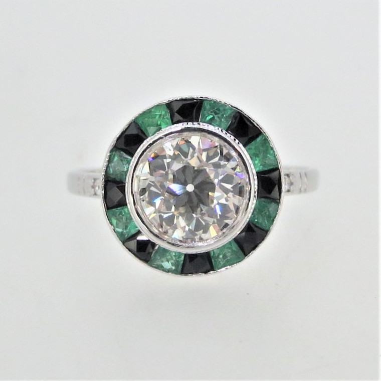 Aristocrat 18K W Gold .97ct Round Euro Cut Diamond Emerald Black Onyx Halo Ring Size 6.25