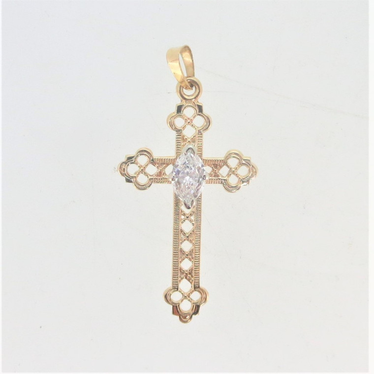 14K Yellow Gold Open Work Cross Hatch APP .50ct Marquise Diamond Cross Pendant