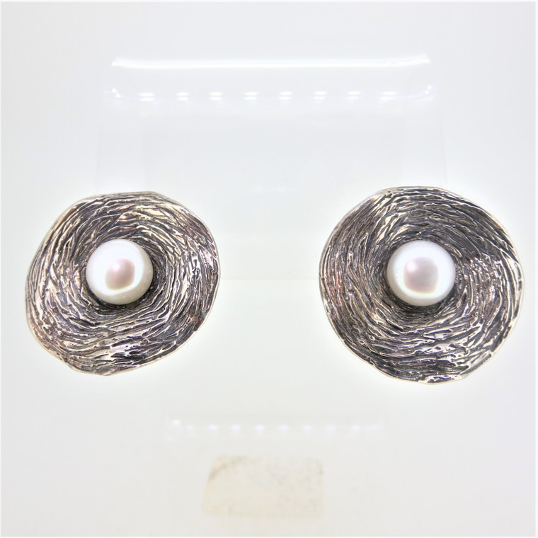 Hagit Gorali Sterling Silver Circular Stamped with Pearl Earrings