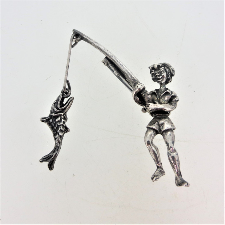 Sterling Silver Huckleberry Fin Boy Fishing Pin