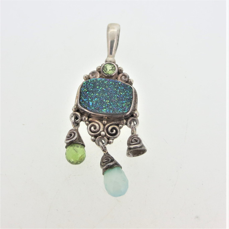 Sajen Sterling Silver Blue Green Druzy with Dangles Pendant