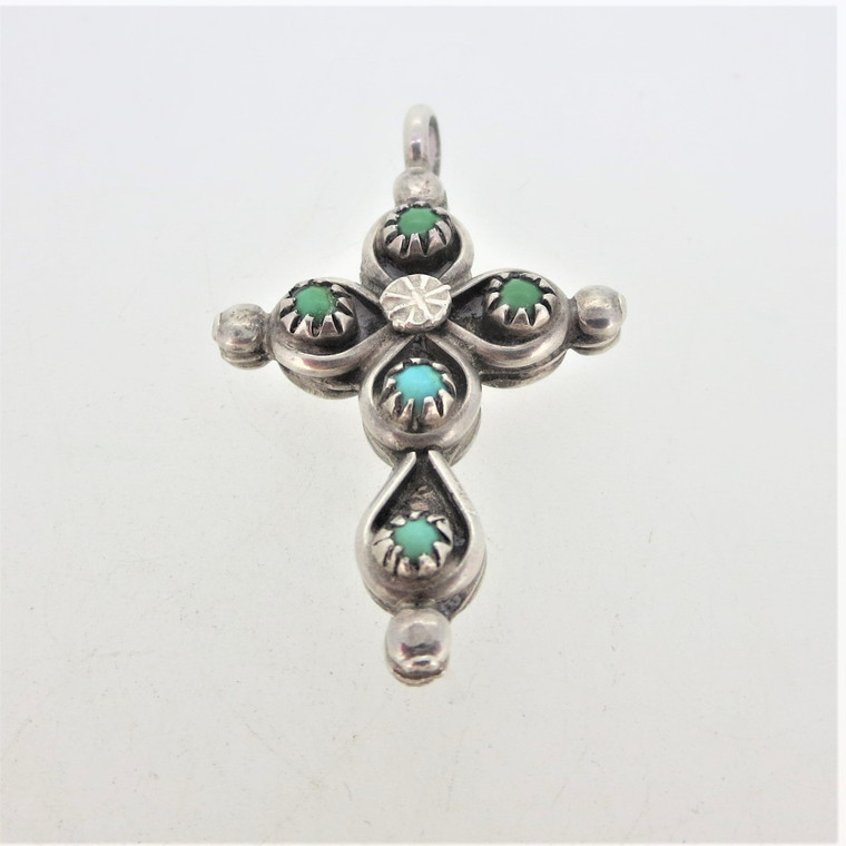 Sterling Silver Native American Coral/Turquoise 2 Sided Cross Pendant