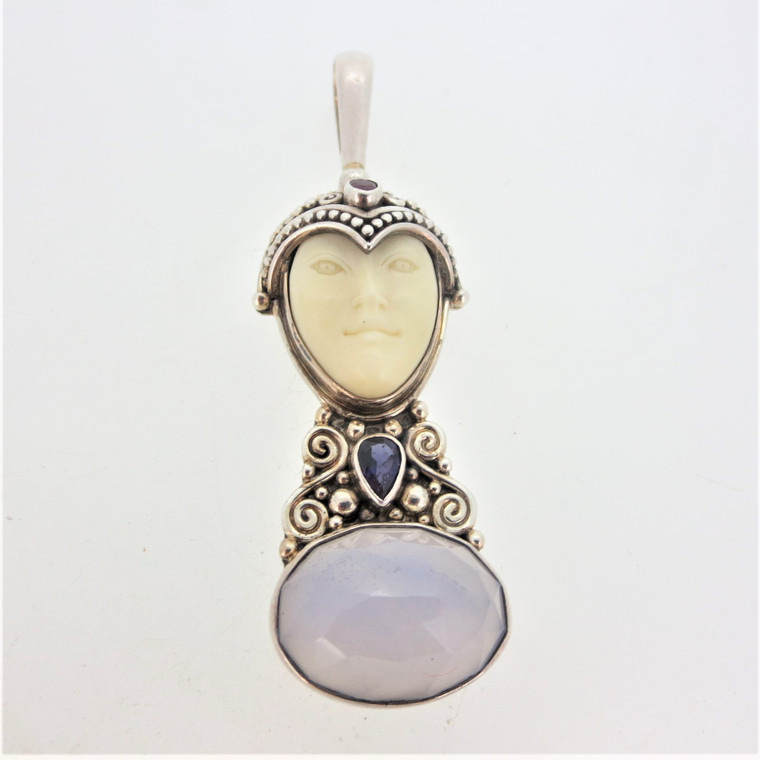 Sajen Sterling Silver Carved Goddess Face Ruby, Iolite, and Opaque Stone Pendant