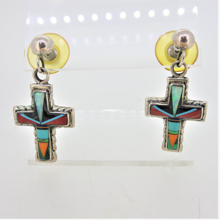 Sterling Silver JM Signed Native Cross Inlay with Opal, Black Onyx, Turquoise, Coral, and Malachite Stones Earrings