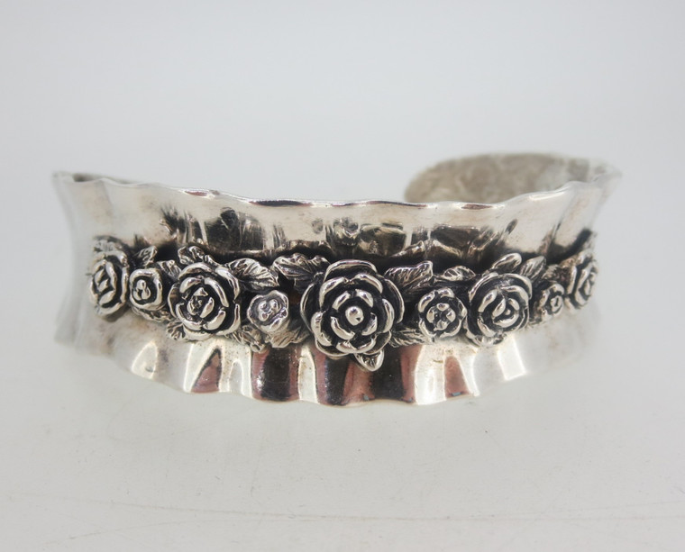 Sterling Silver Israel PZ Cuff with Roses Size Large